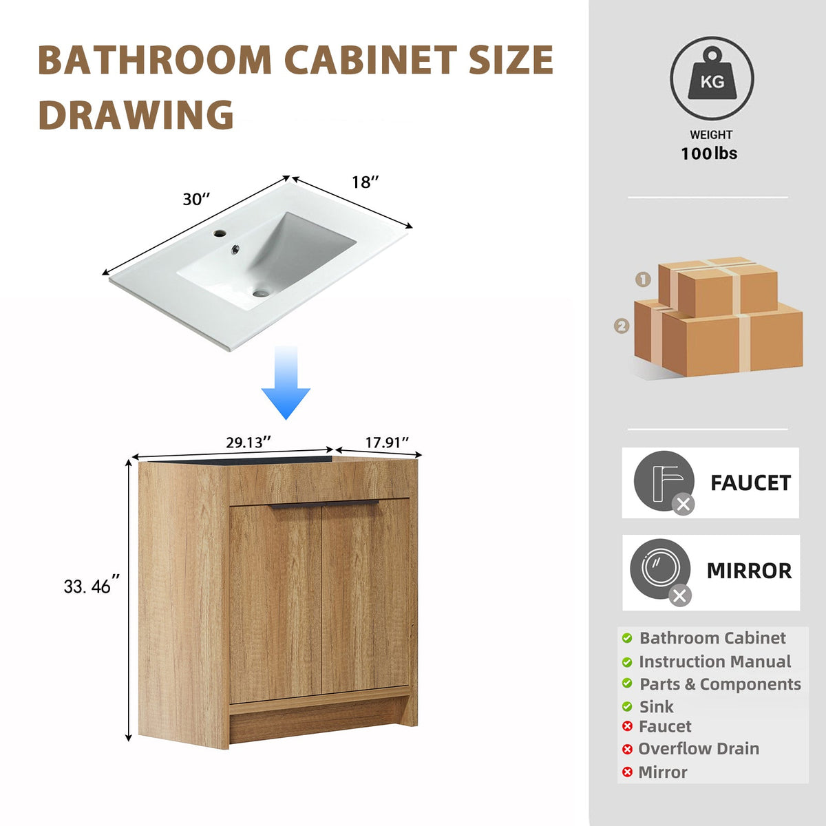 30-Inch Floor-Standing Bathroom Vanity with 3D Grooved Panel and Integrated Ceramic Sink