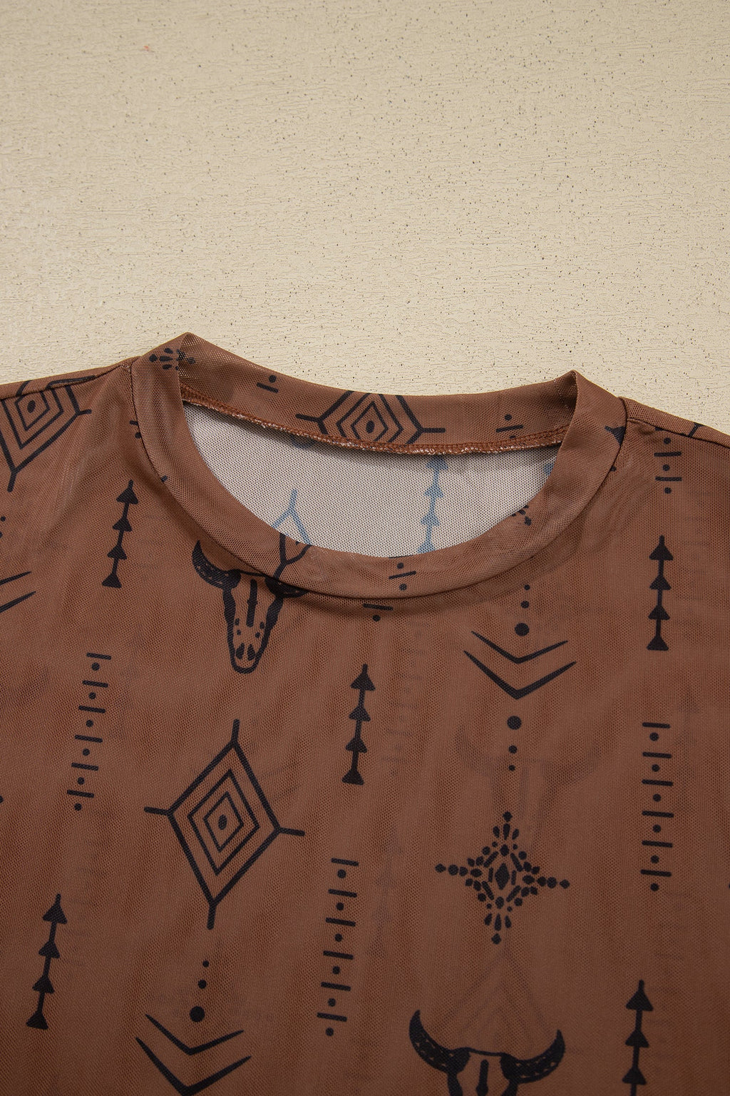 Chestnut Retro Western Print Mesh Long Sleeve Sheath Top