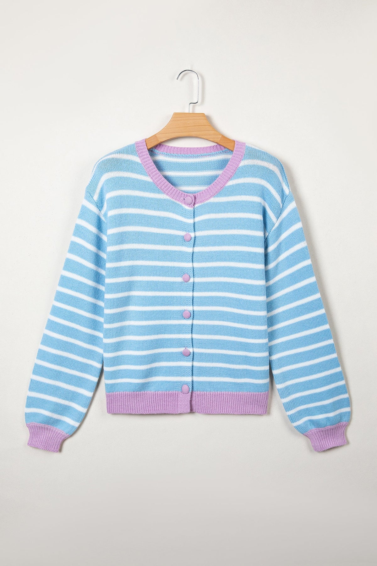 Stripe Long Sleeve Round Neck Open Front Cardigan