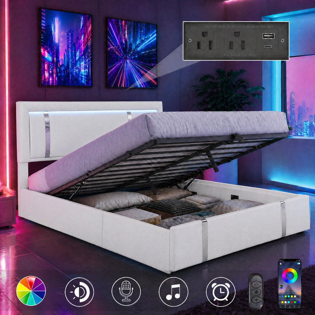 Queen Size Lift Up Storage Bed Frame with Adjustable LED Lights Headboard