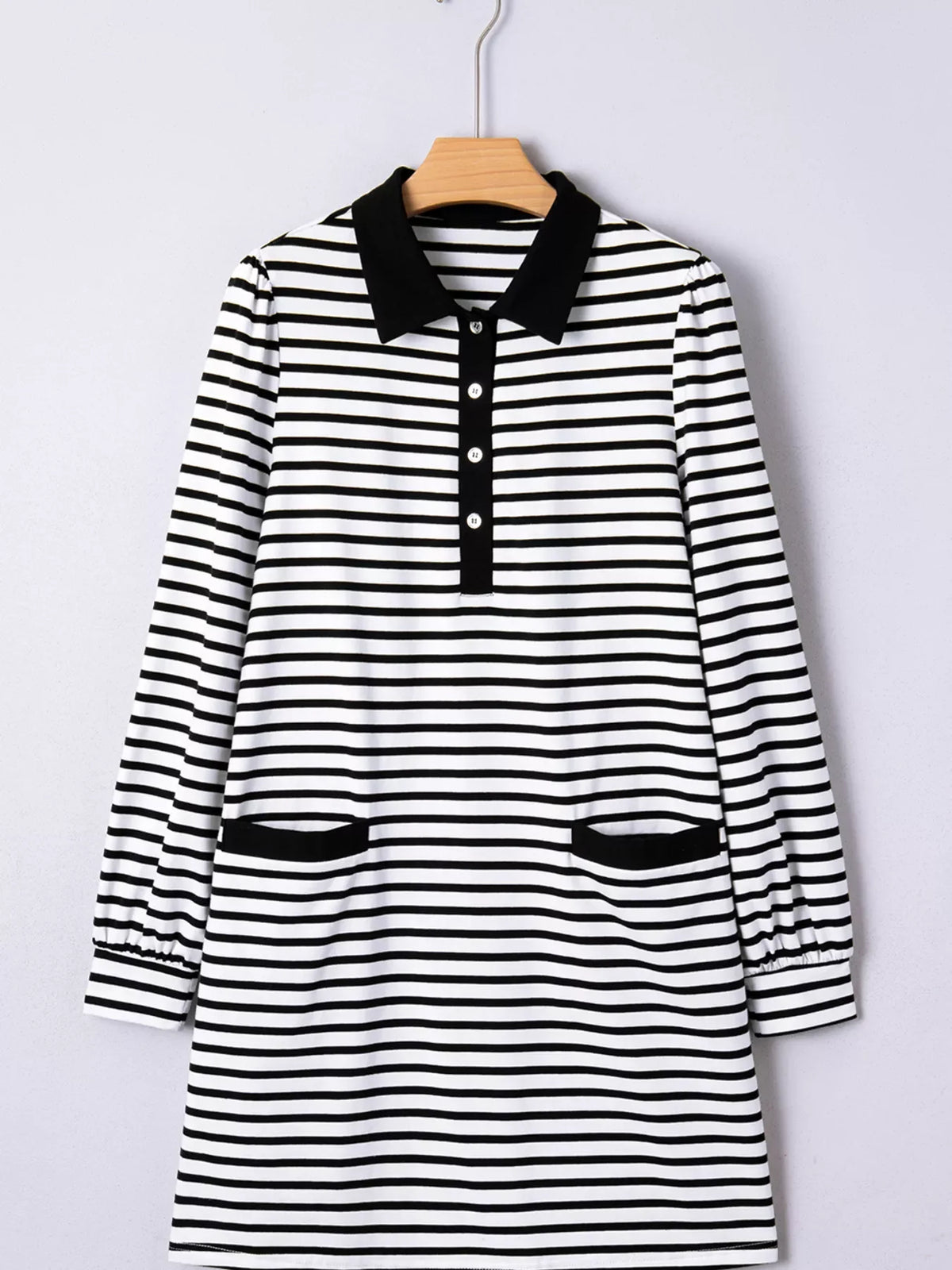 Stripe Buttoned Front Collared Long Sleeve T Shirt Dress with Pockets