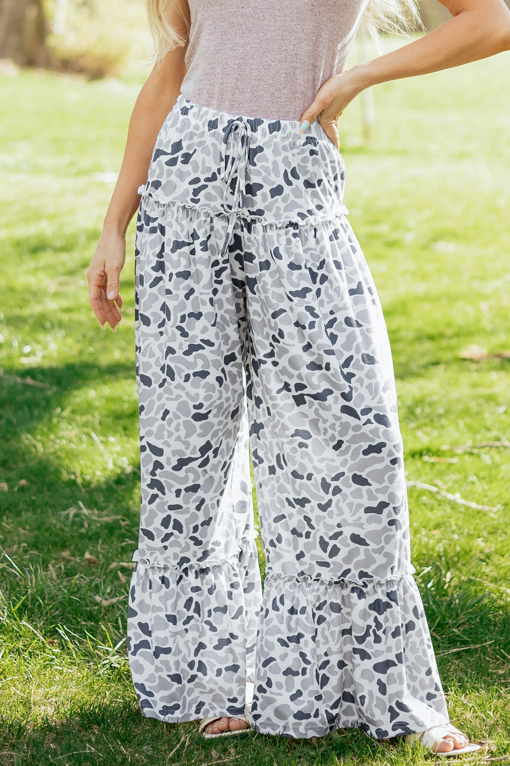 Beige Camo Print Wide Leg Casual Pants