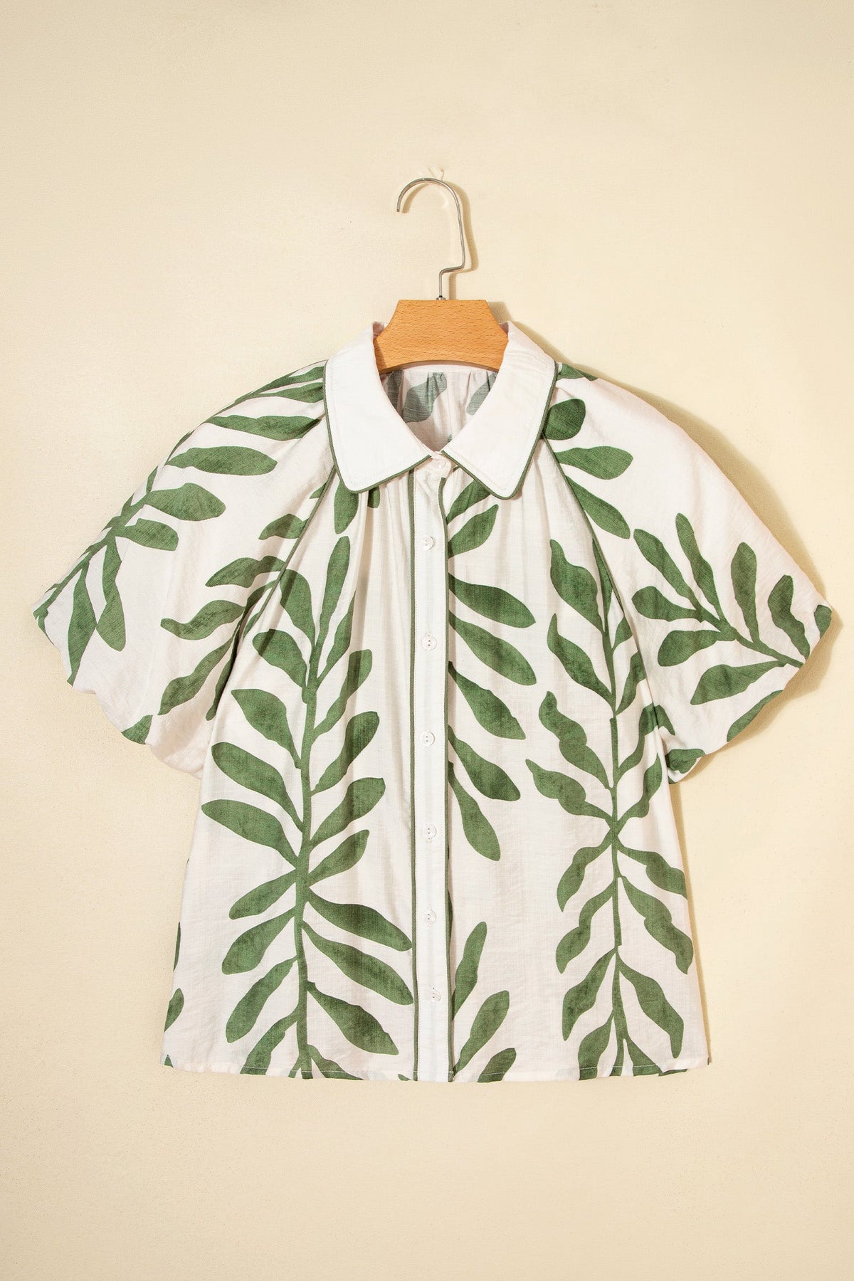 Green Leaf Print Short Balloon Sleeve Shirt