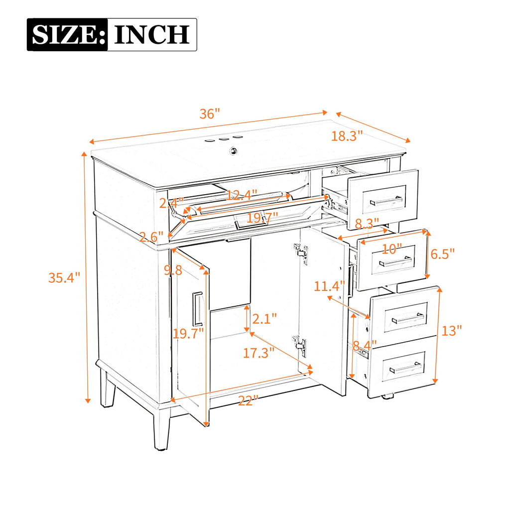 36-Inch White Modern Bathroom Vanity with Ceramic Sink