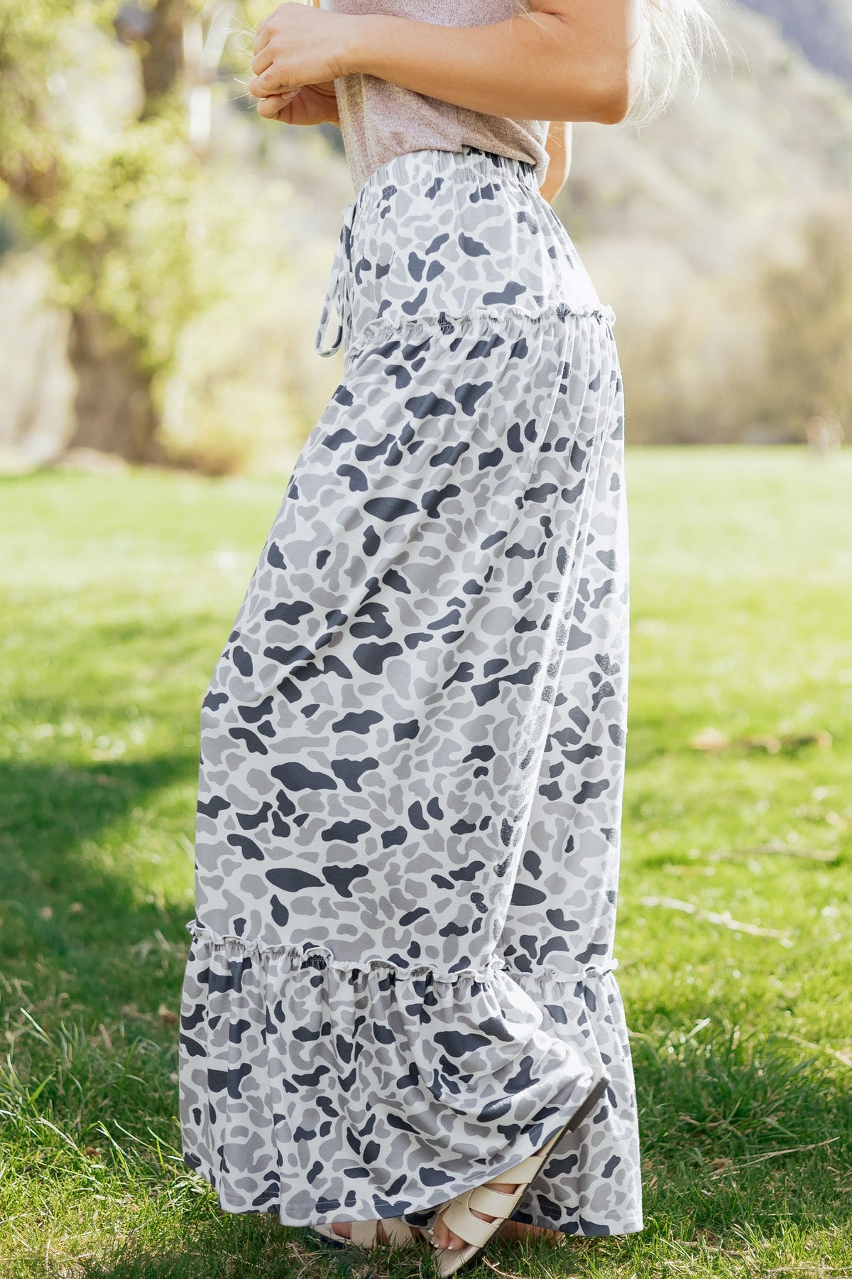 Beige Camo Print Wide Leg Casual Pants