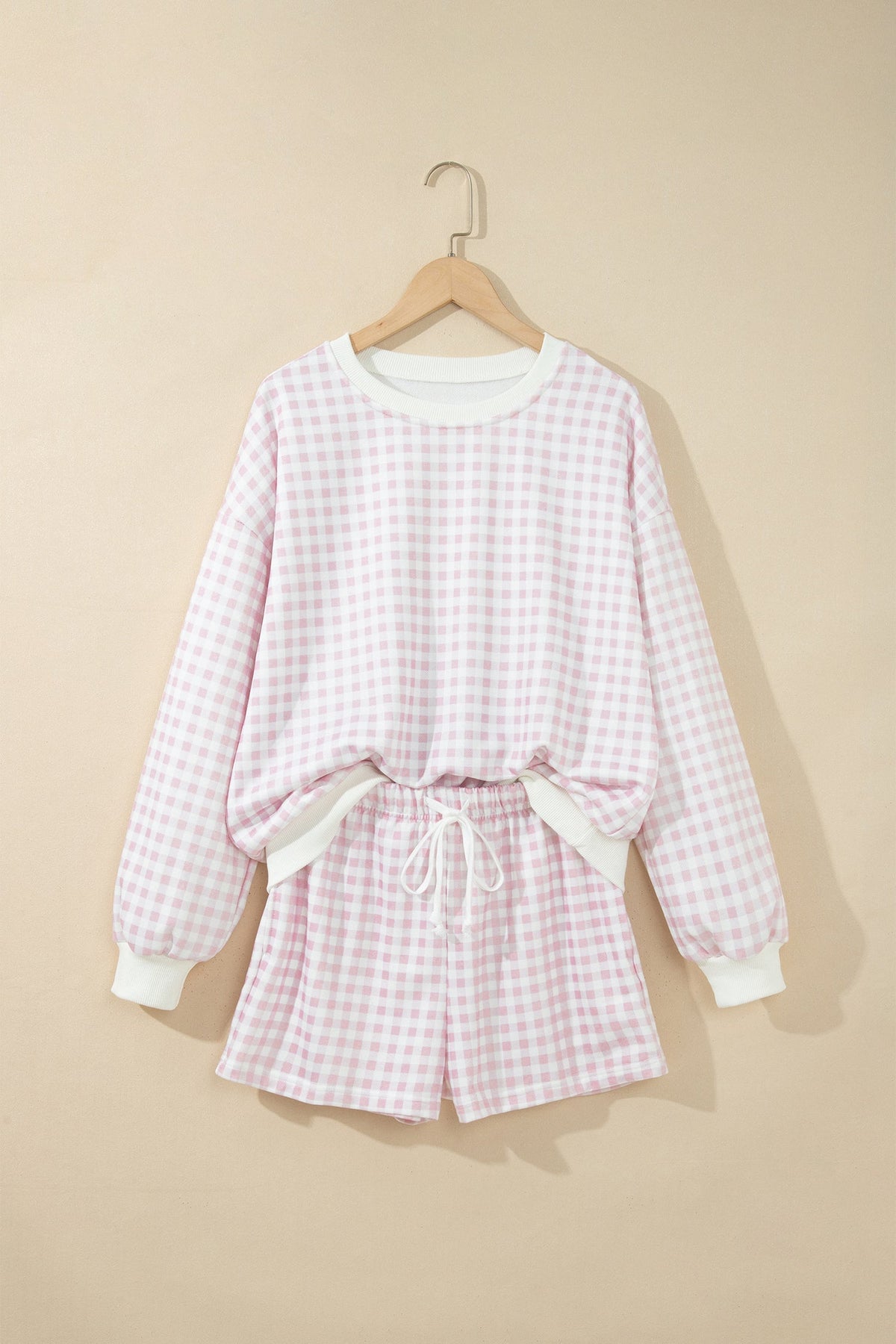 Pink Plaid Baggy Pullover Drawstring Casual Shorts 2pcs Outfit