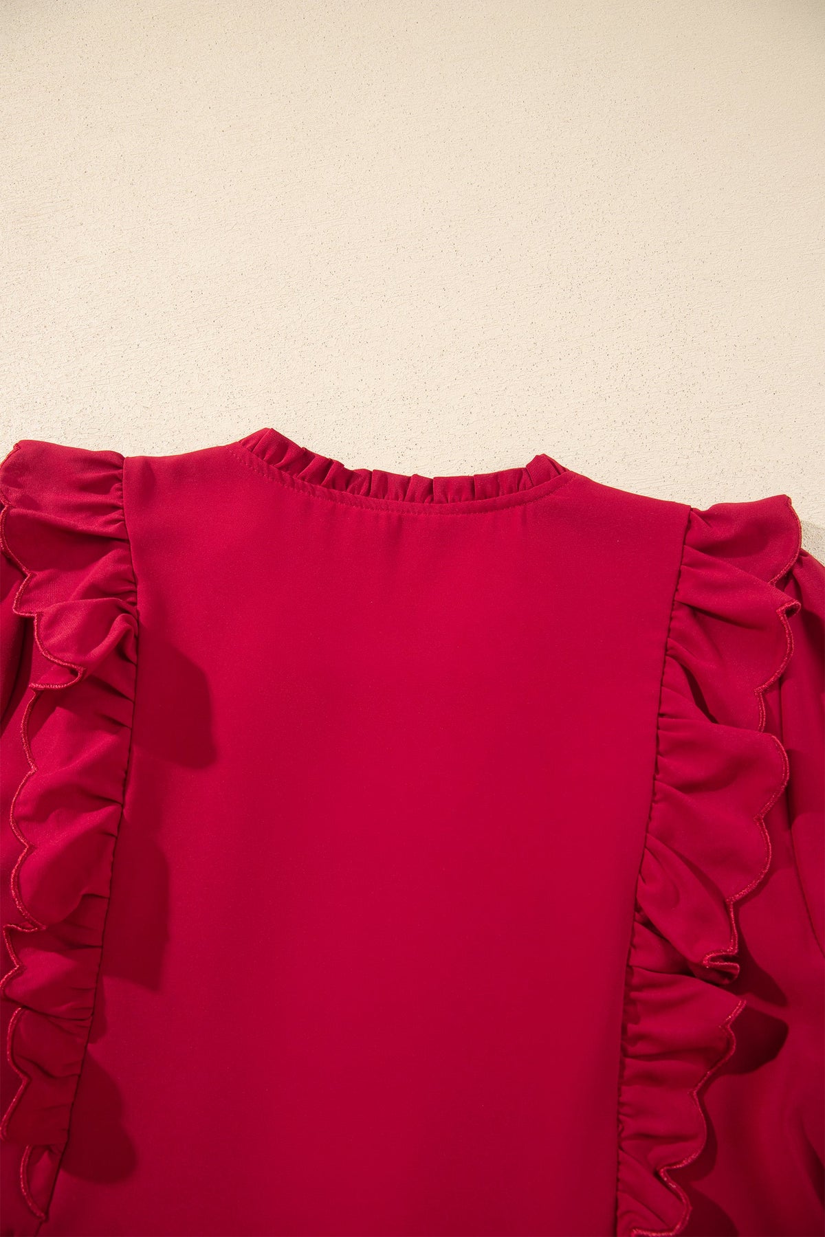 Racing Red Solid Color Ruffle Trim Long Sleeve Tiered Shift Midi Dress
