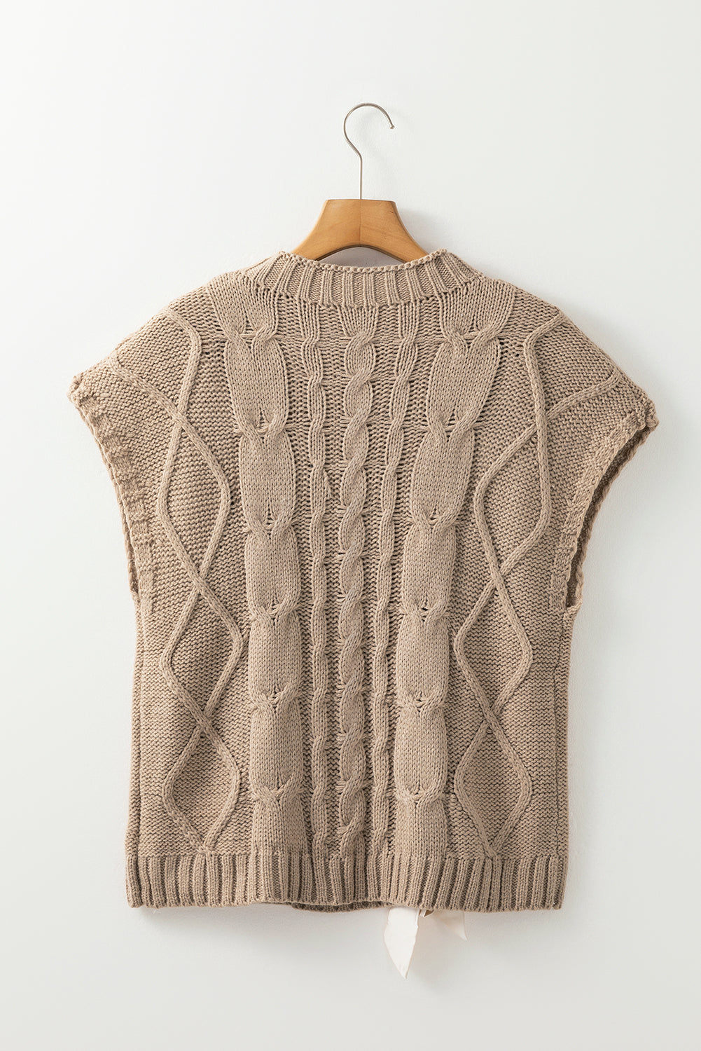 Colorblock Satin Bow Cable Knit Short Sleeve Sweater