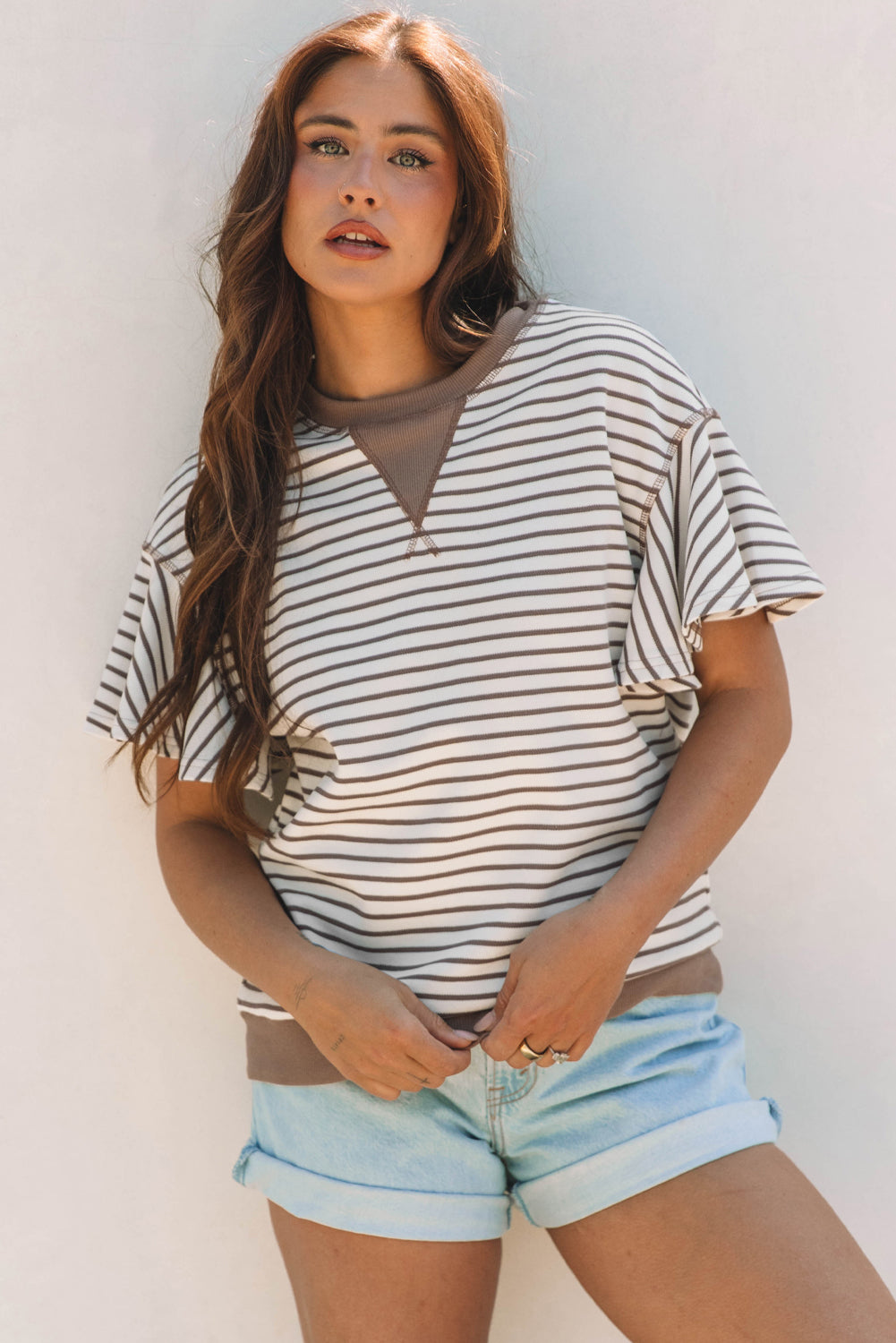 Stripe Contrast Detail Ruffle Short Sleeve Top