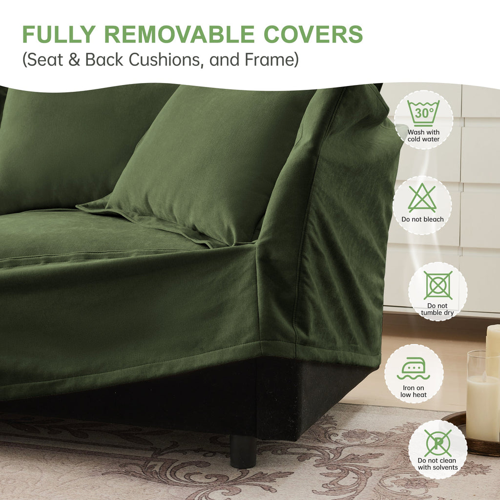 Slipcovered Sectional 2 Seater Sofa Couch with Convertible Ottoman