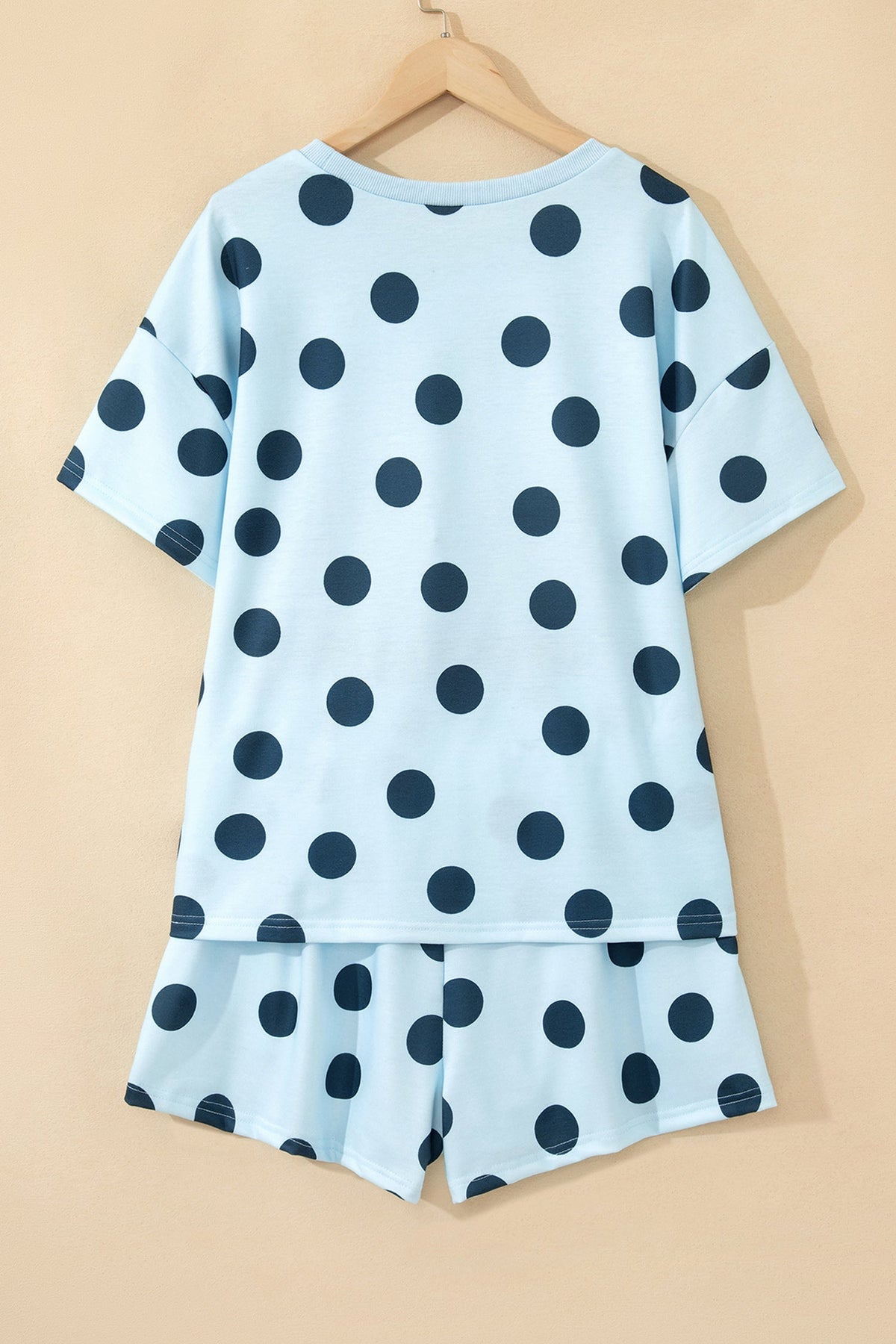 Sky Blue Polka Dot Print Loose Tee Drawstring Elastic Waist Short Set