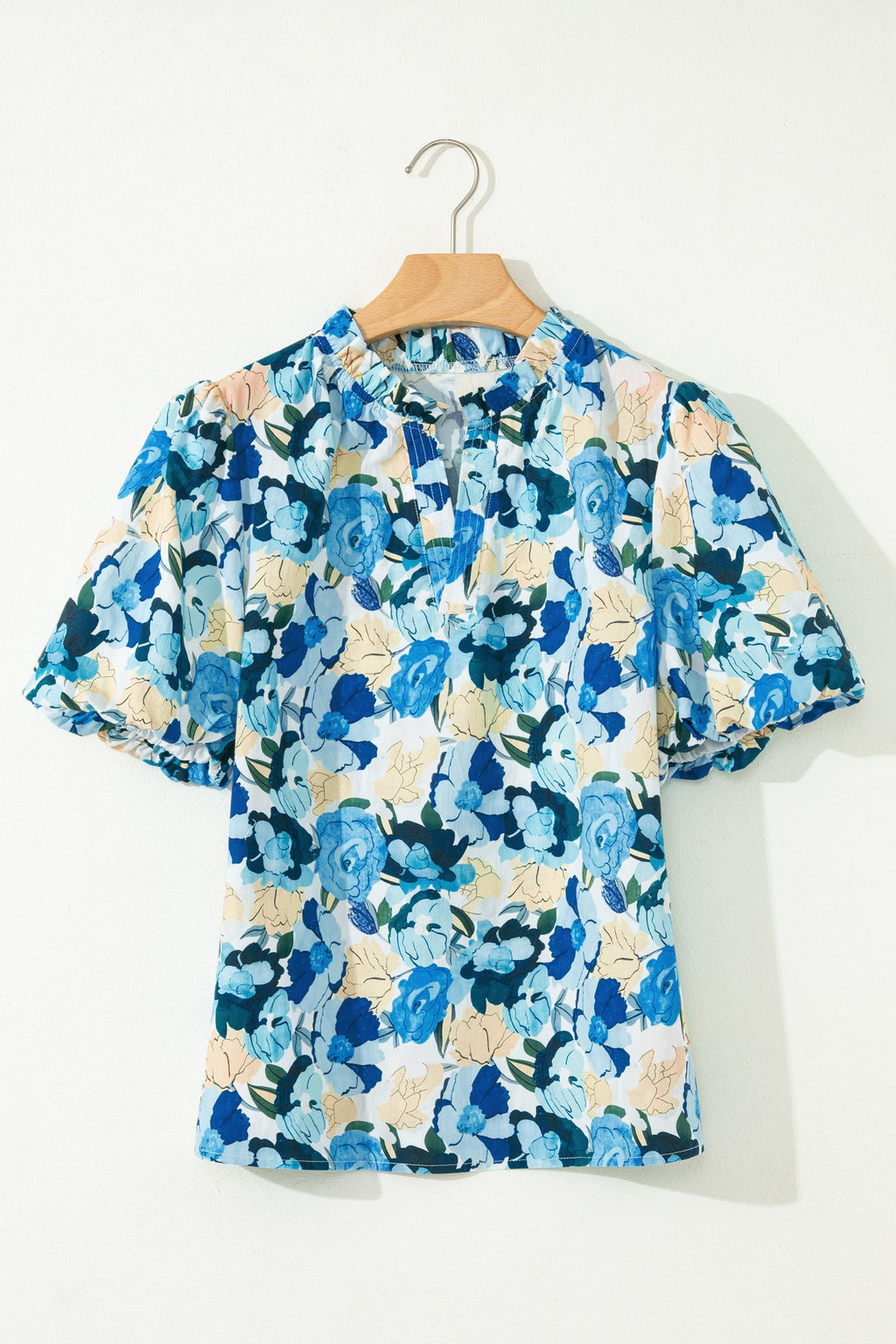 Floral Puff Sleeve V-Neck Short Blouse