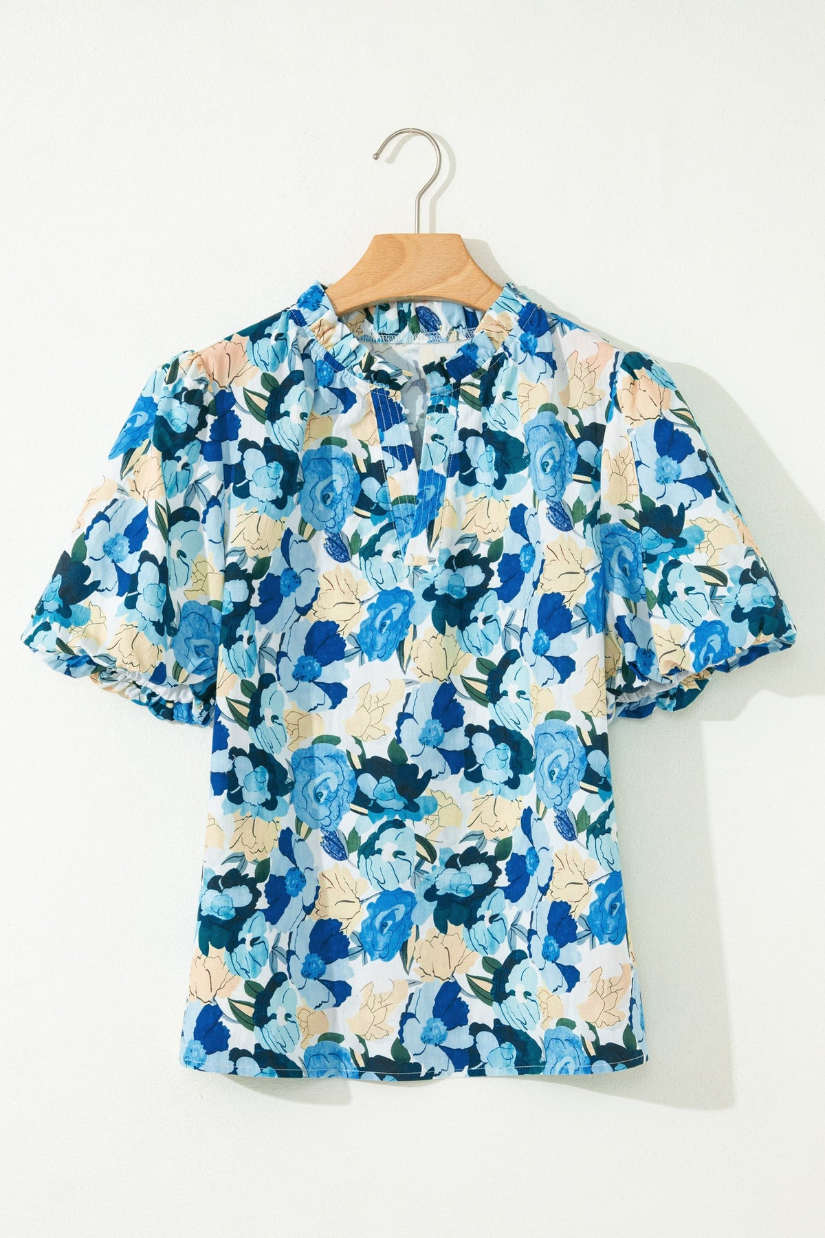 Floral Puff Sleeve V-Neck Short Blouse