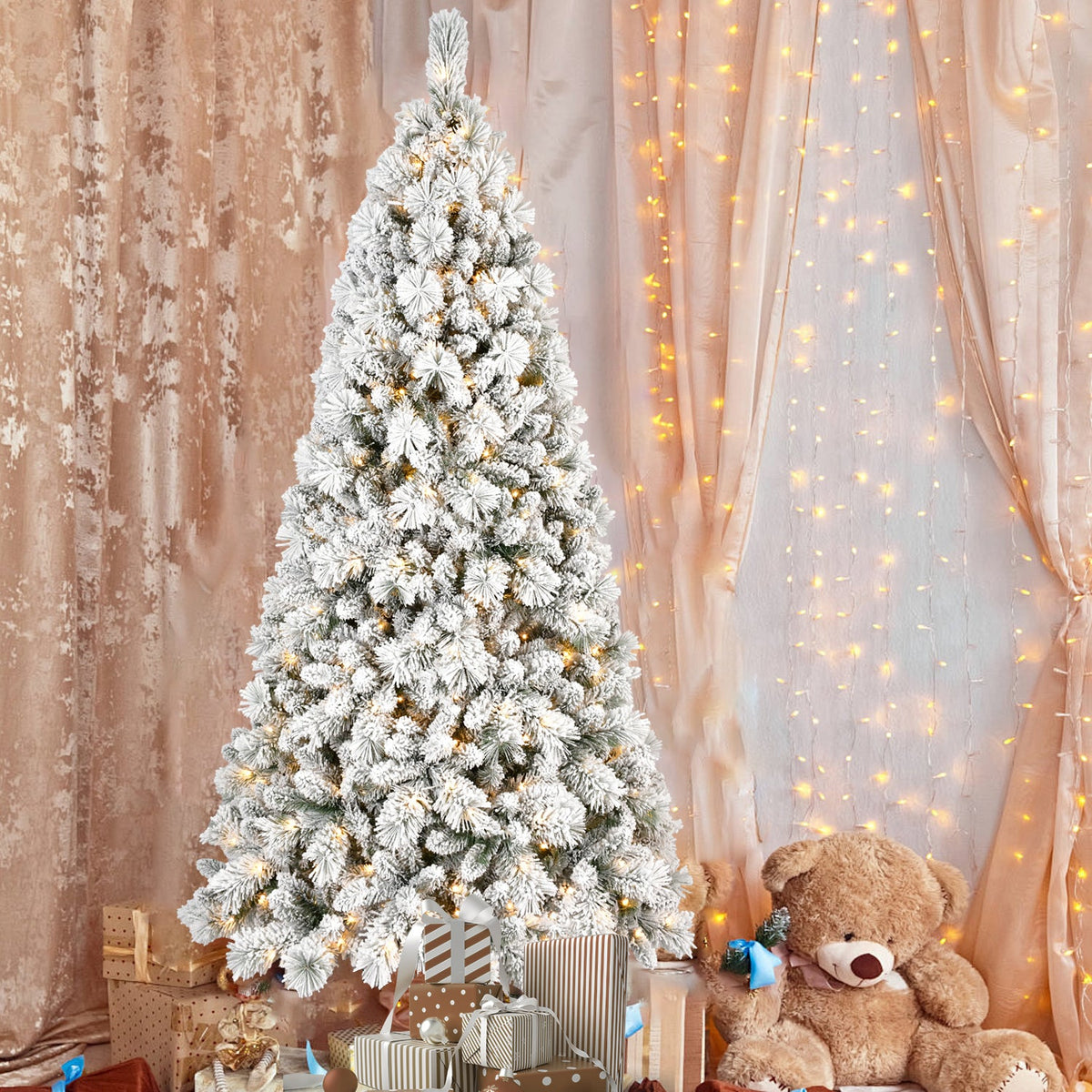 7.5FT Flocked Christmas Tree with 500 Warm LED Lights