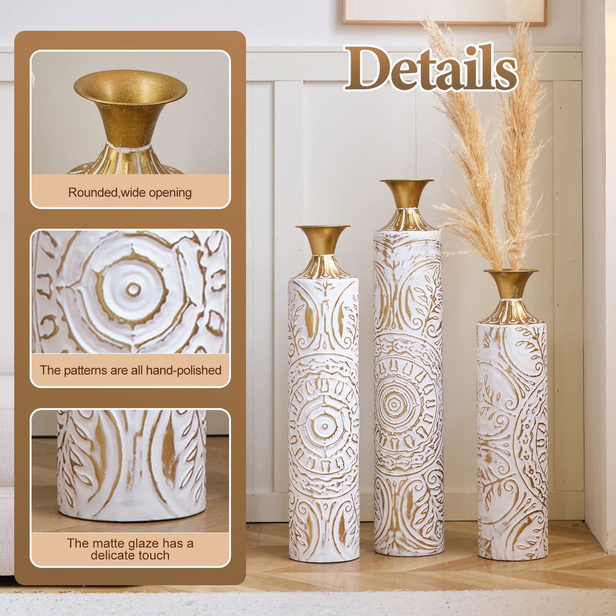 3-Piece Handcrafted Metal Floor Vase Set