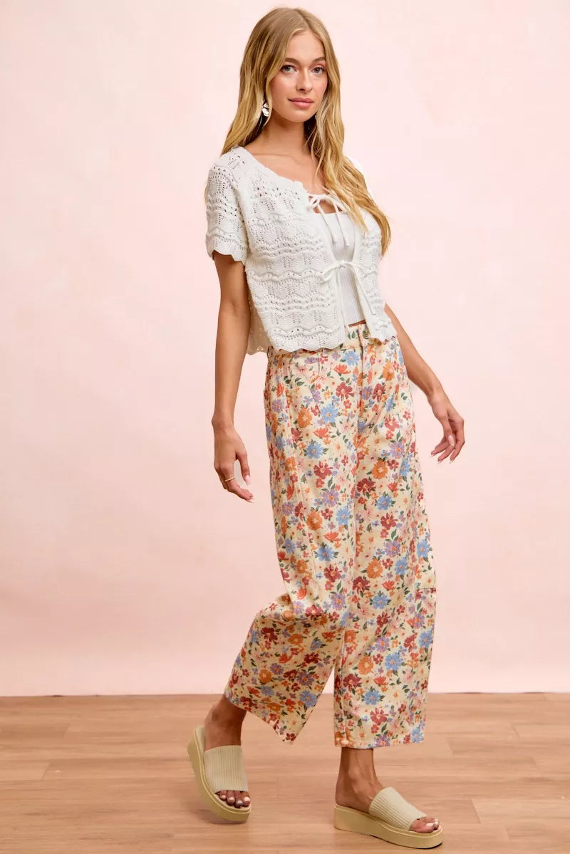 Cream Multi Washed Floral Printed Twill Barrel Pants by BiBi