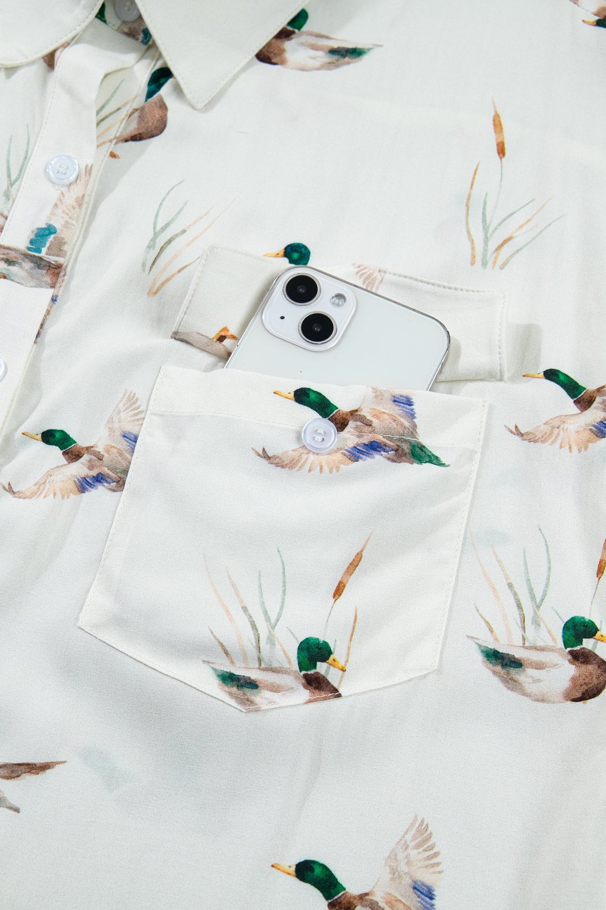 White Mallard Printed Button Flap Pocket Short Sleeve Shirt