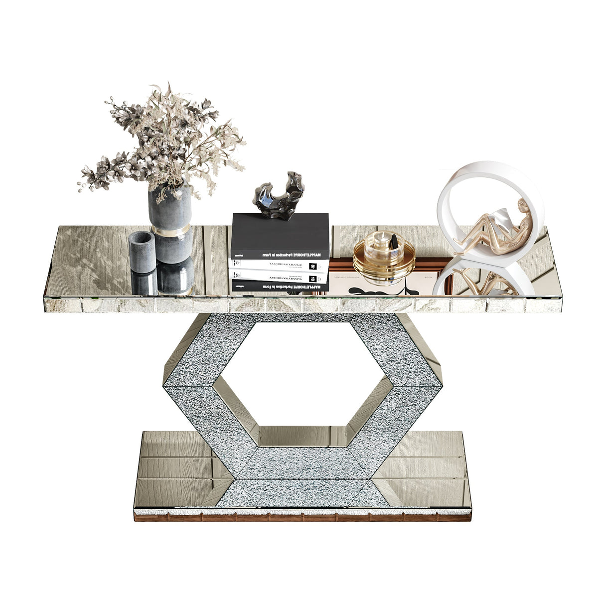 Sparkling Crystal Hexagon Mirror Entryway Console Table