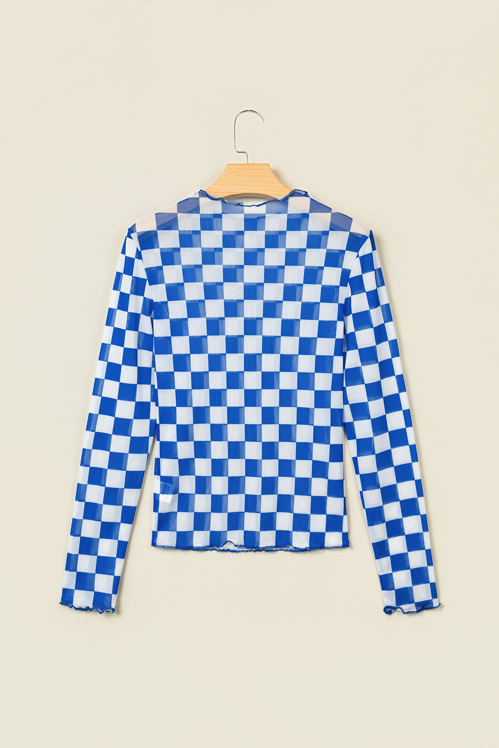 Dark Blue Plaid Mesh Sheer Long Sleeve Top