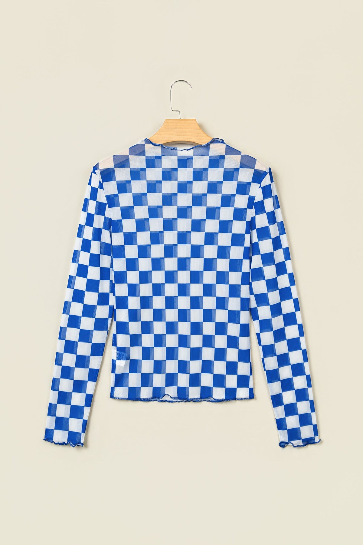 Dark Blue Plaid Mesh Sheer Long Sleeve Top