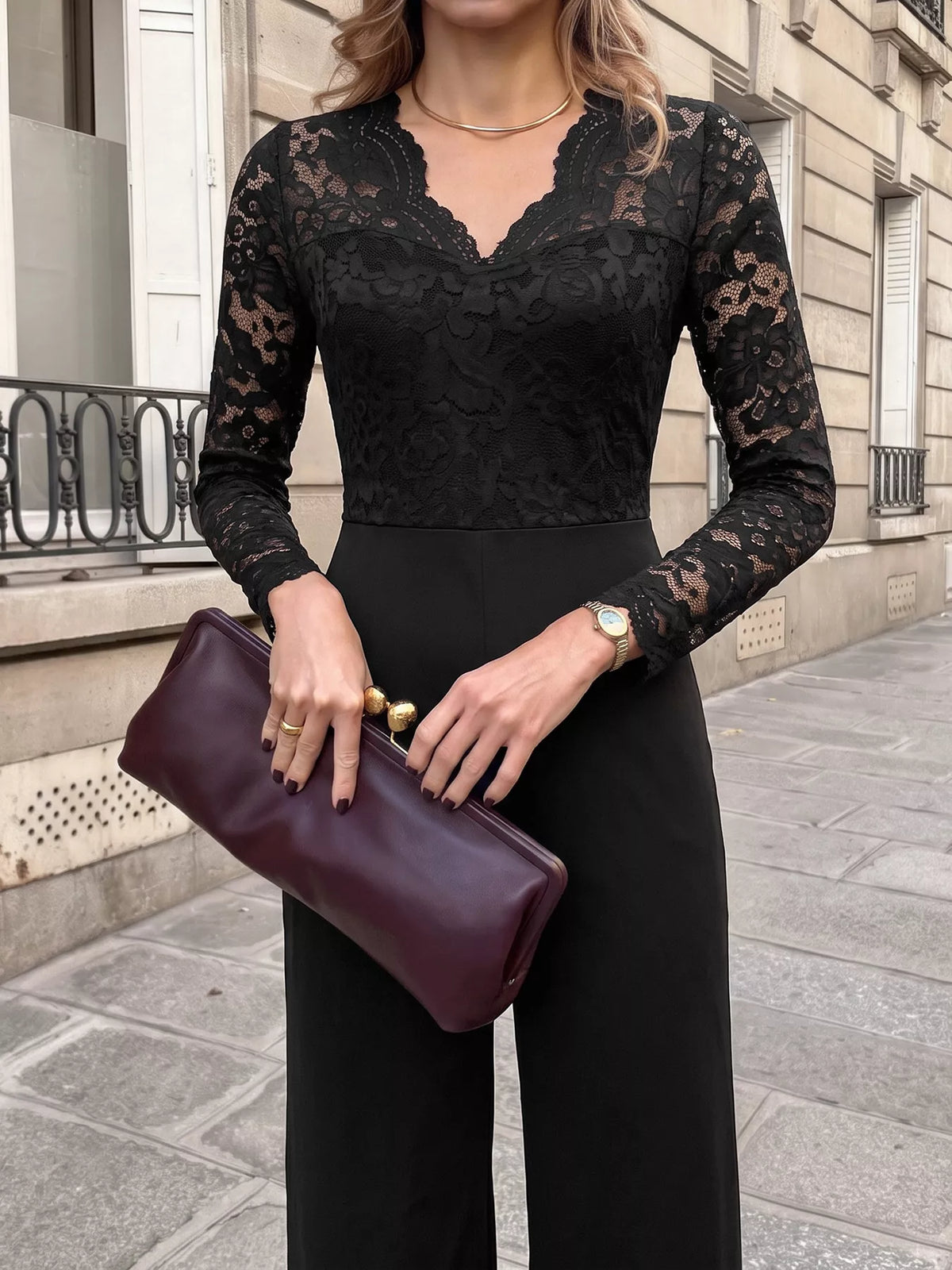 Lace Long Sleeve Wide-Leg Jumpsuit