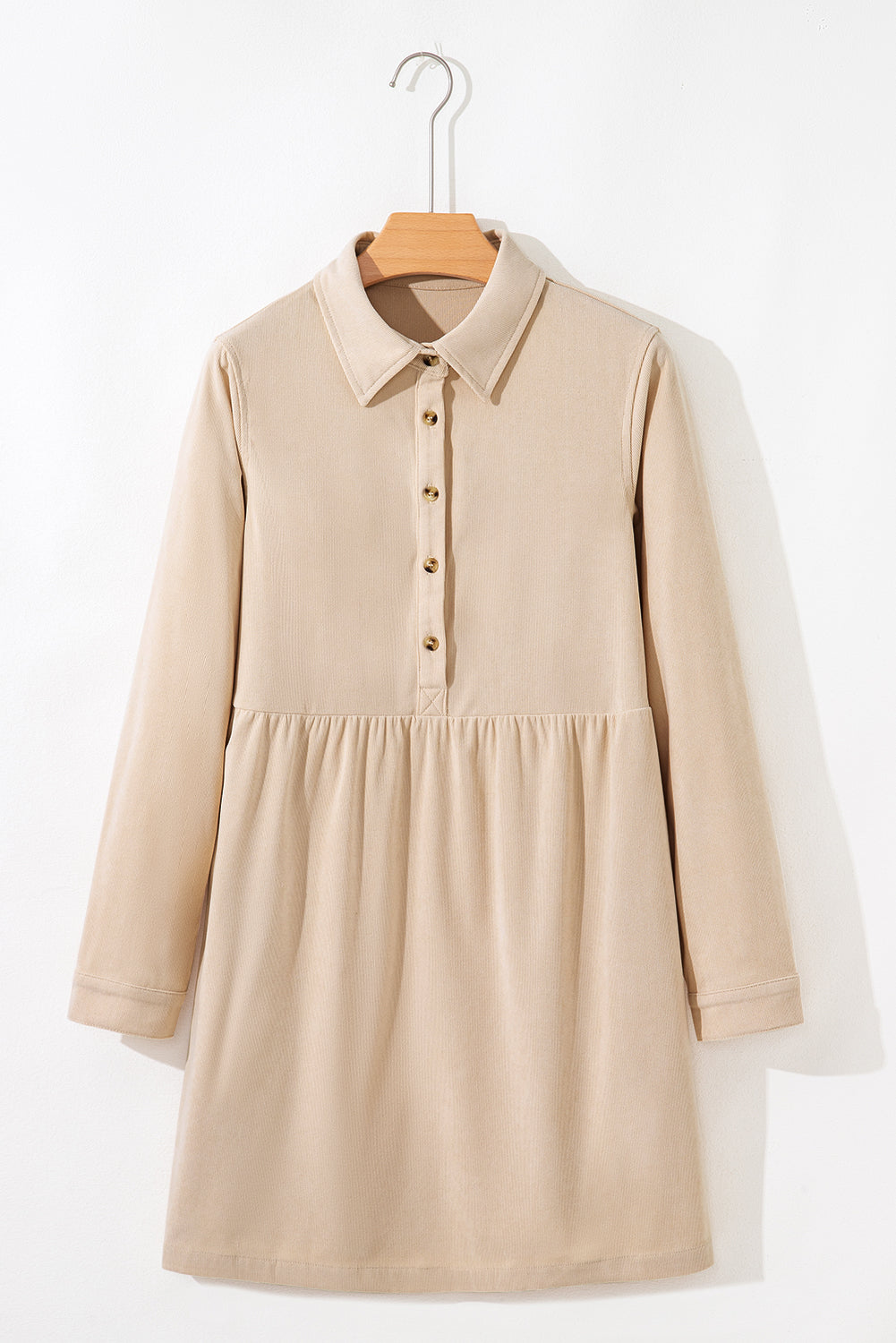 Dearlovers Oatmeal Corduroy Half Button Collared Long Sleeve Mini Dress