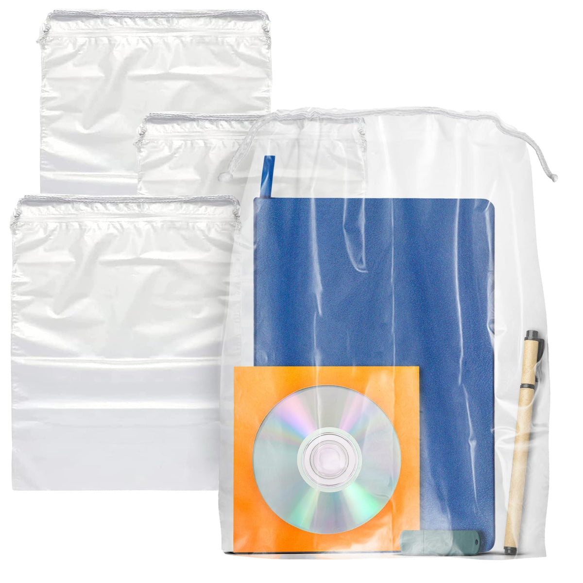 Clear Drawstring Bag, 12 x 18 Inches. Pack of 100 Clear Plastic Drawstring Bags. 2 Mil Drawstring Clear Plastic Bags. Waterproof Clear Plastic Bags Drawstring for Cosmetics, Toiletries