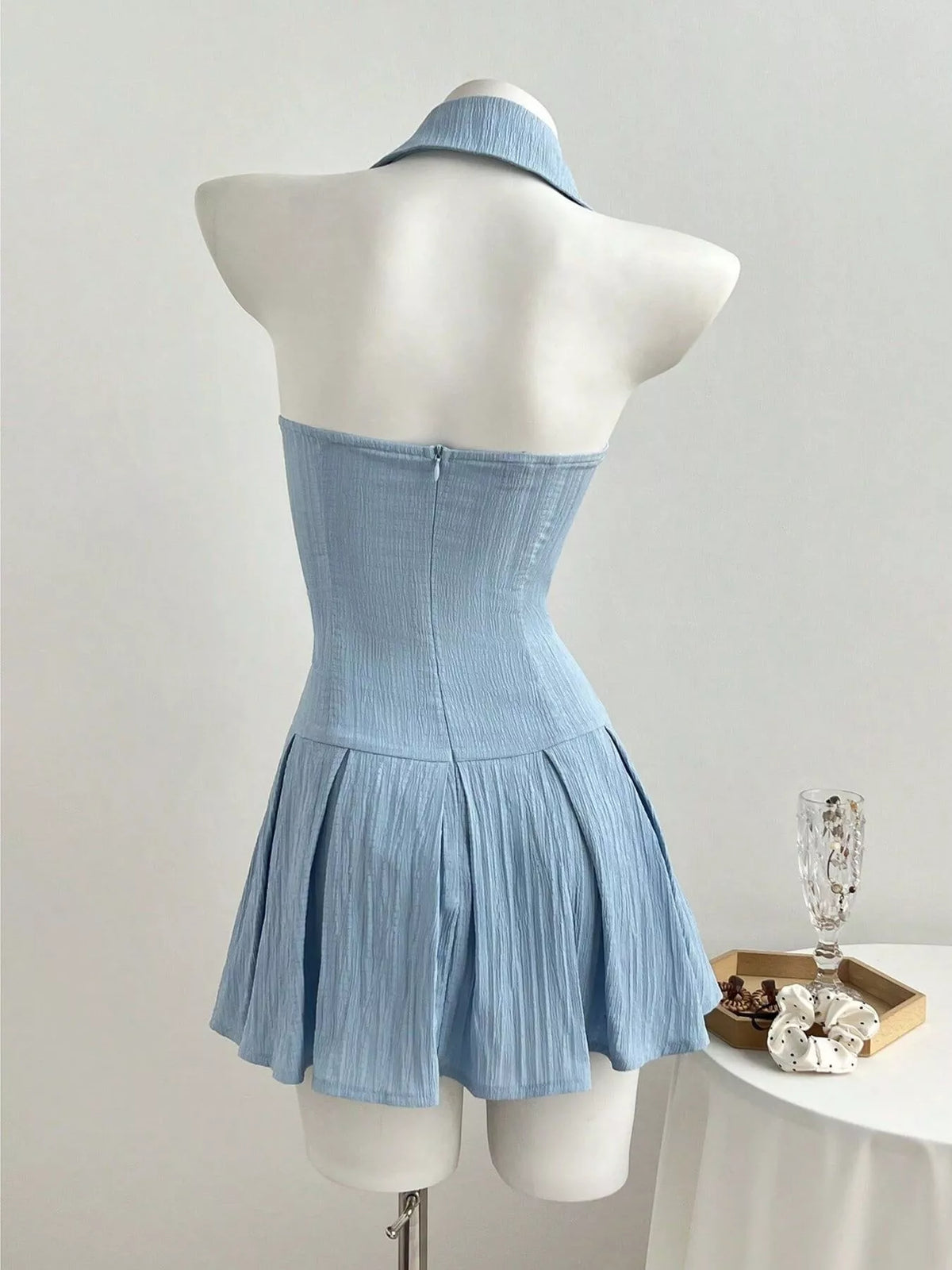 Blue Halter Neck Bow Tie Pleated Mini Dress