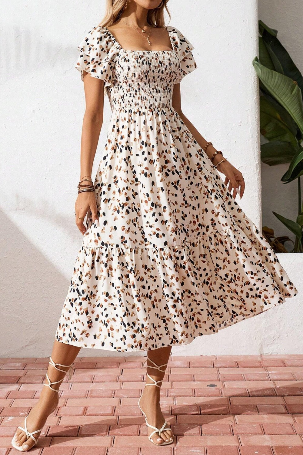 Square Neck Ruffle Sleeve Midi Dress