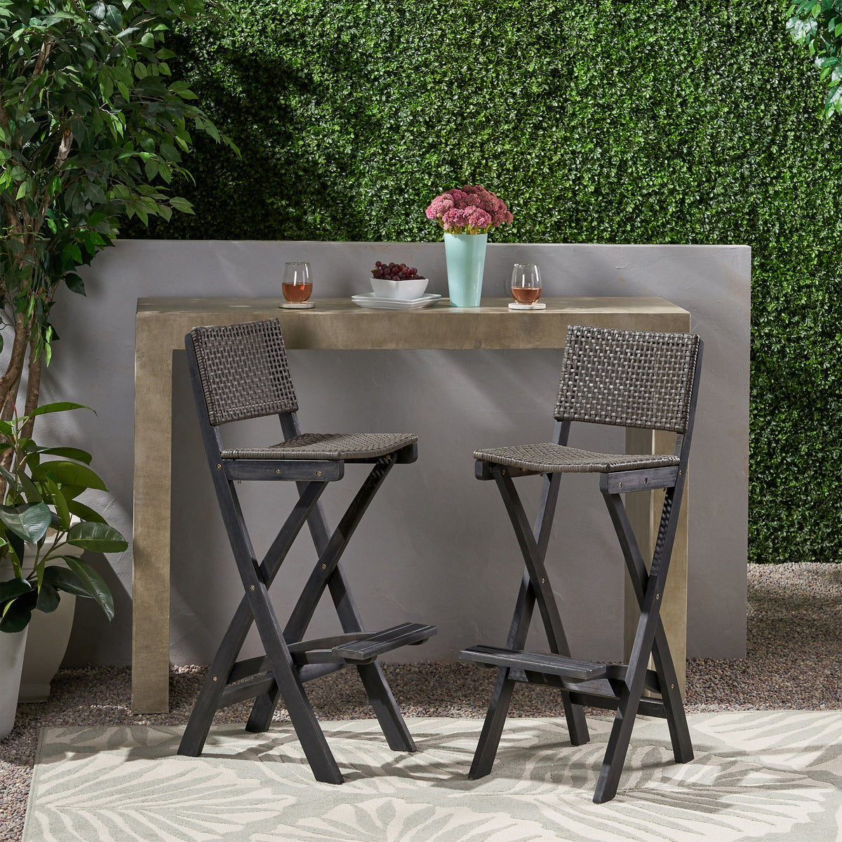 41.75" Outdoor Folding Acacia Wood Barstools