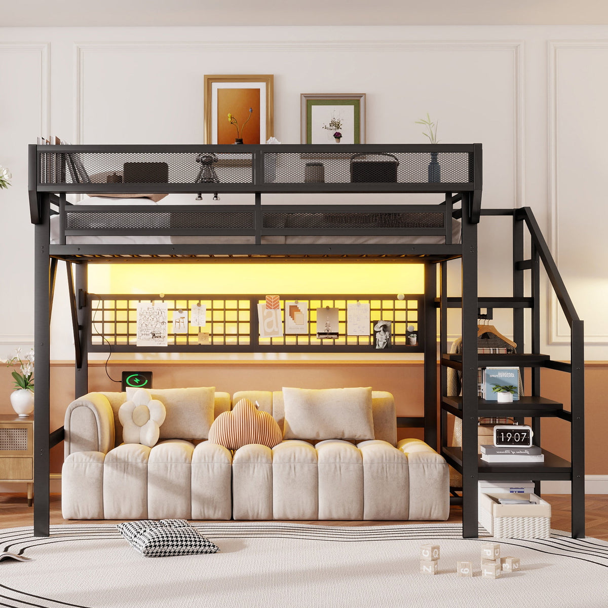 Full Size Loft Bed with Charging Station