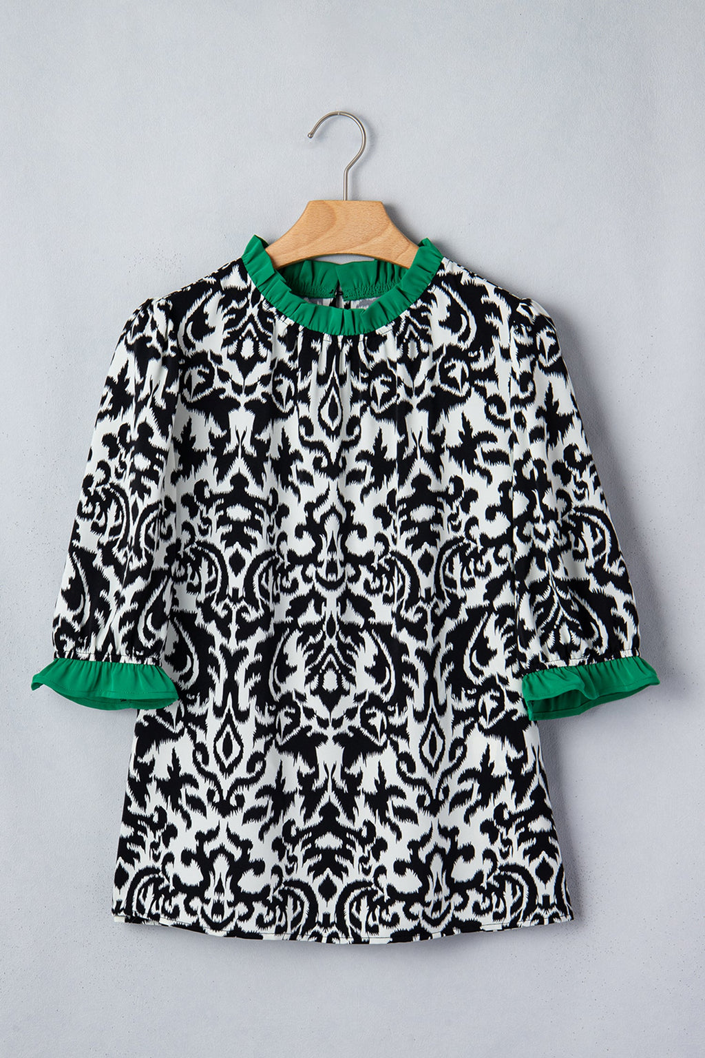 Abstract Damask Colorblock Ruffle 3/4 Sleeve Blouse