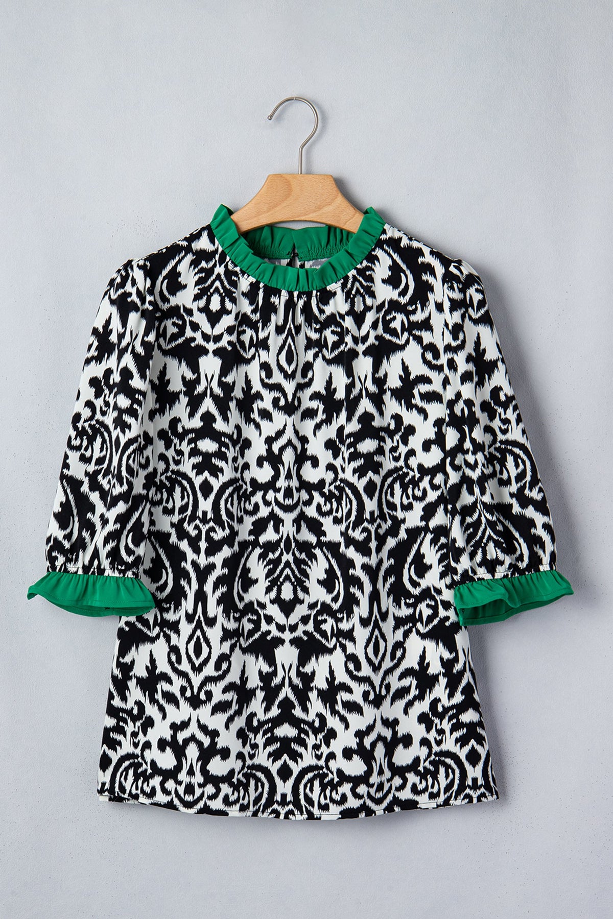 Abstract Damask Colorblock Ruffle 3/4 Sleeve Blouse