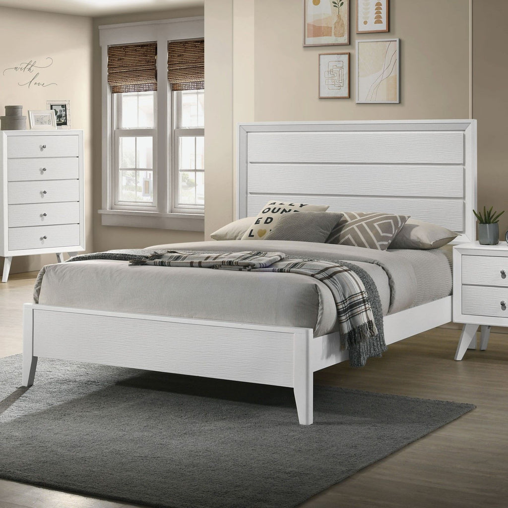 White Cal King Size Bed 2x Nightstands Wave Texture Panel HB
