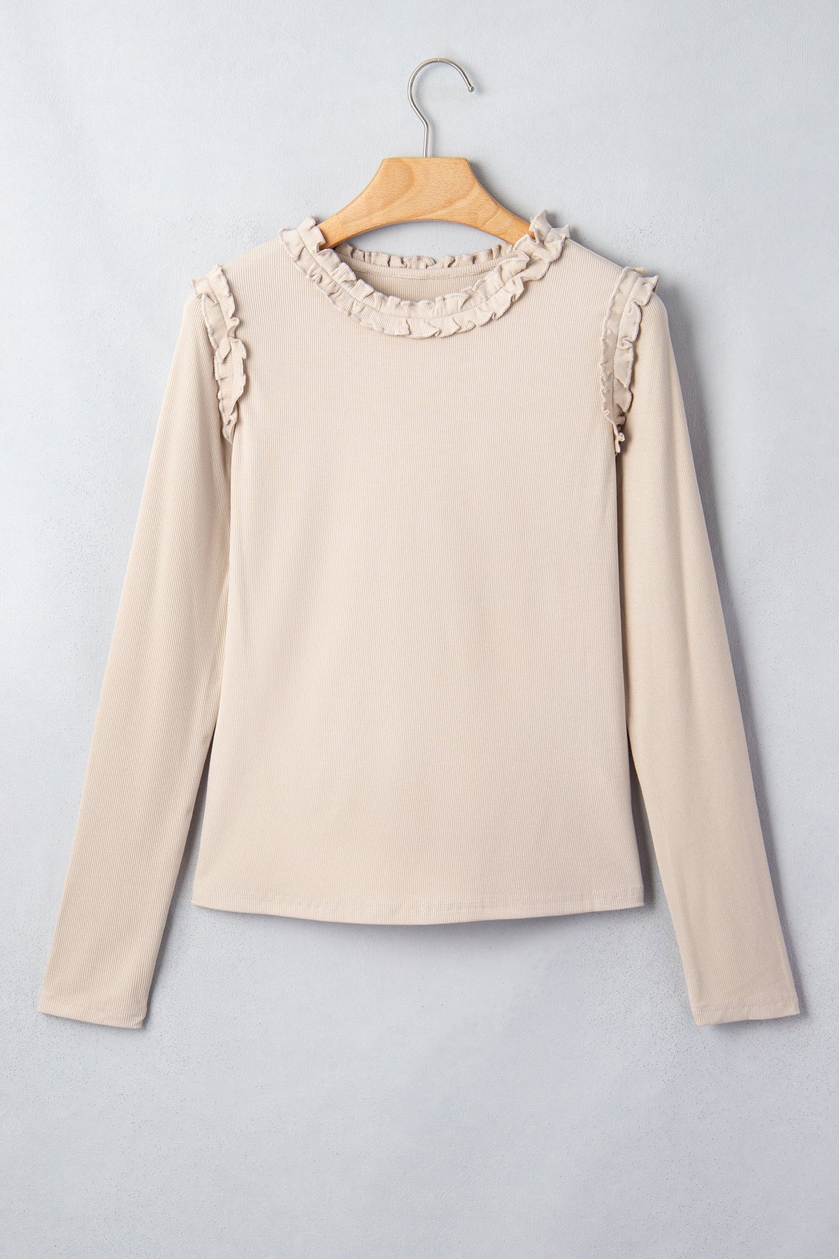 Beige Solid Color Round Neck Frill Detail Long Sleeve Top