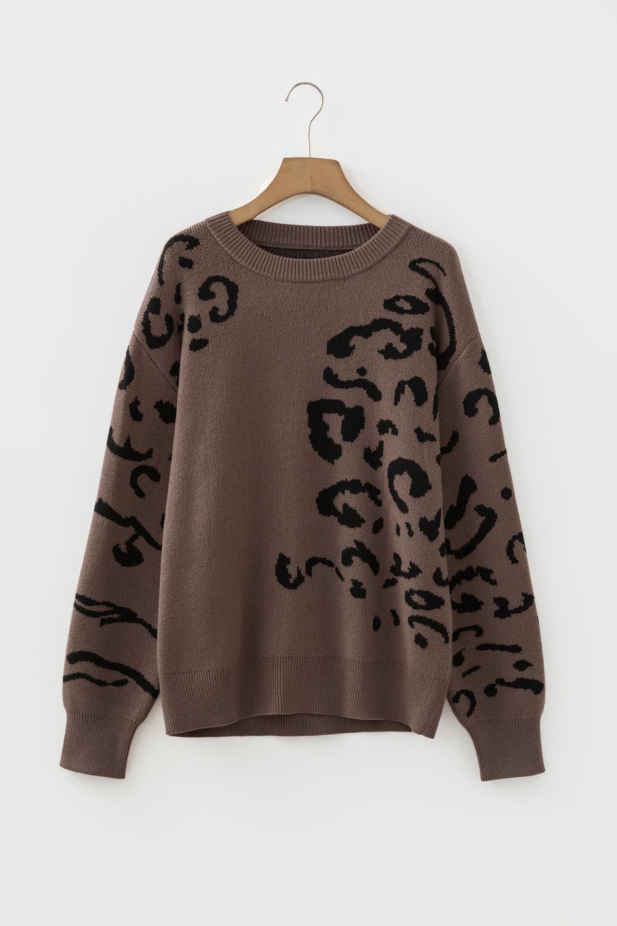 Camel Asymmetric Leopard Print Detail Drop Shoulder Sweater