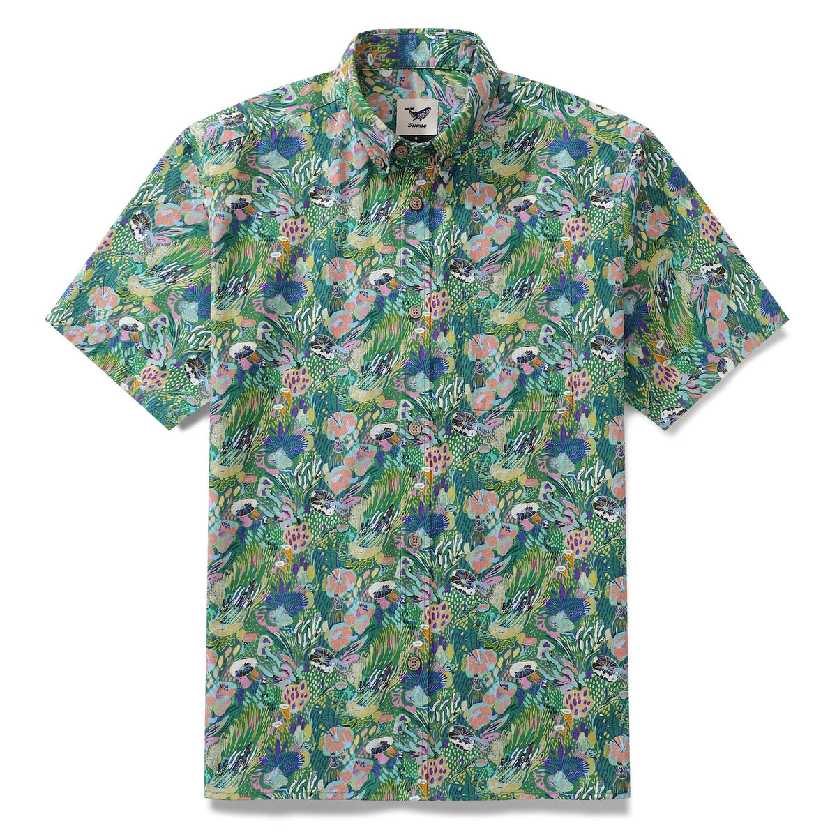 Men's Green Hawaiian Shirt Songe Marin Pattern Cotton Button-down Short Sleeve Aloha Shirt By Lucille Pattern
