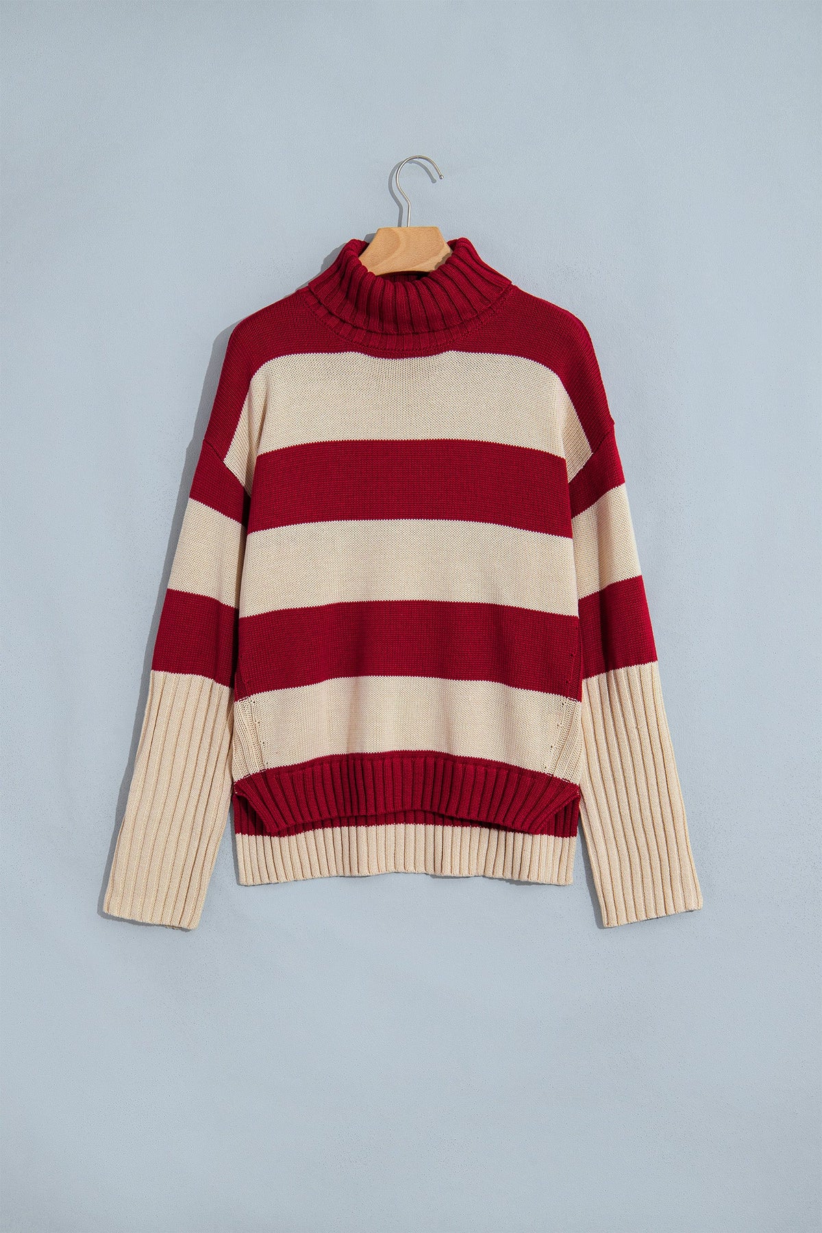 Stripe Ribbed Trim Turtleneck Drop Shoulder Sweater