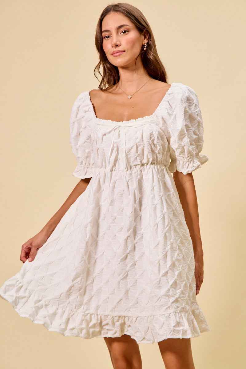 Ivory Texture Woven Ruching On Bust Mini Dress by So Me