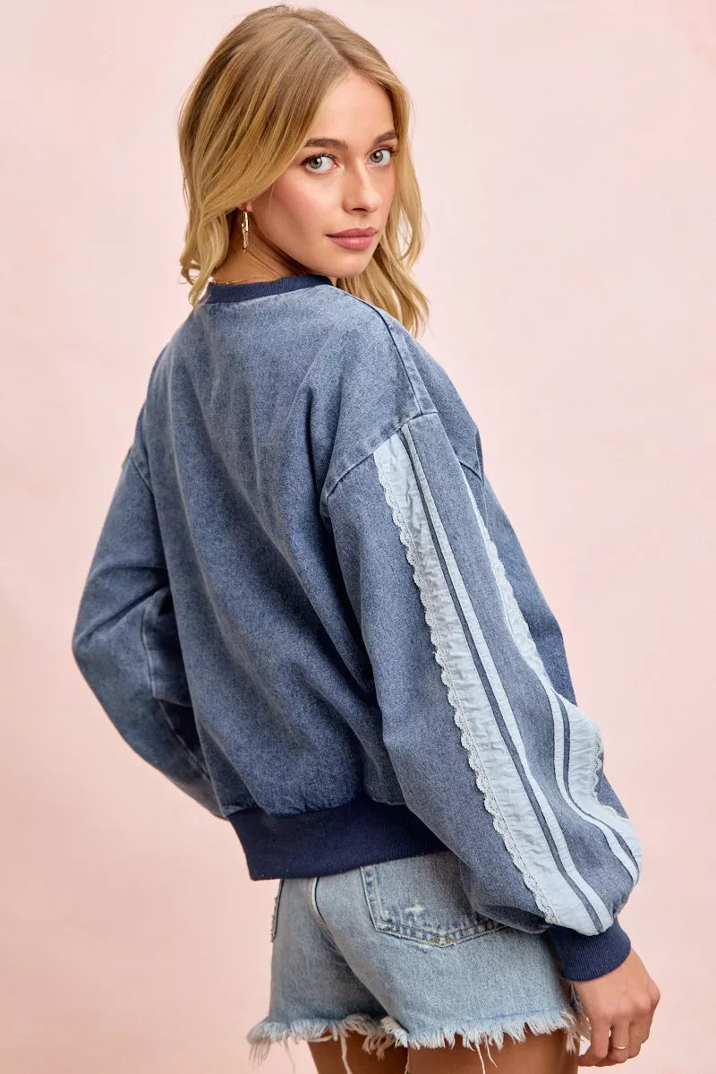 Washed Denim Lace Contrast Sided Sweatshirt by BiBi