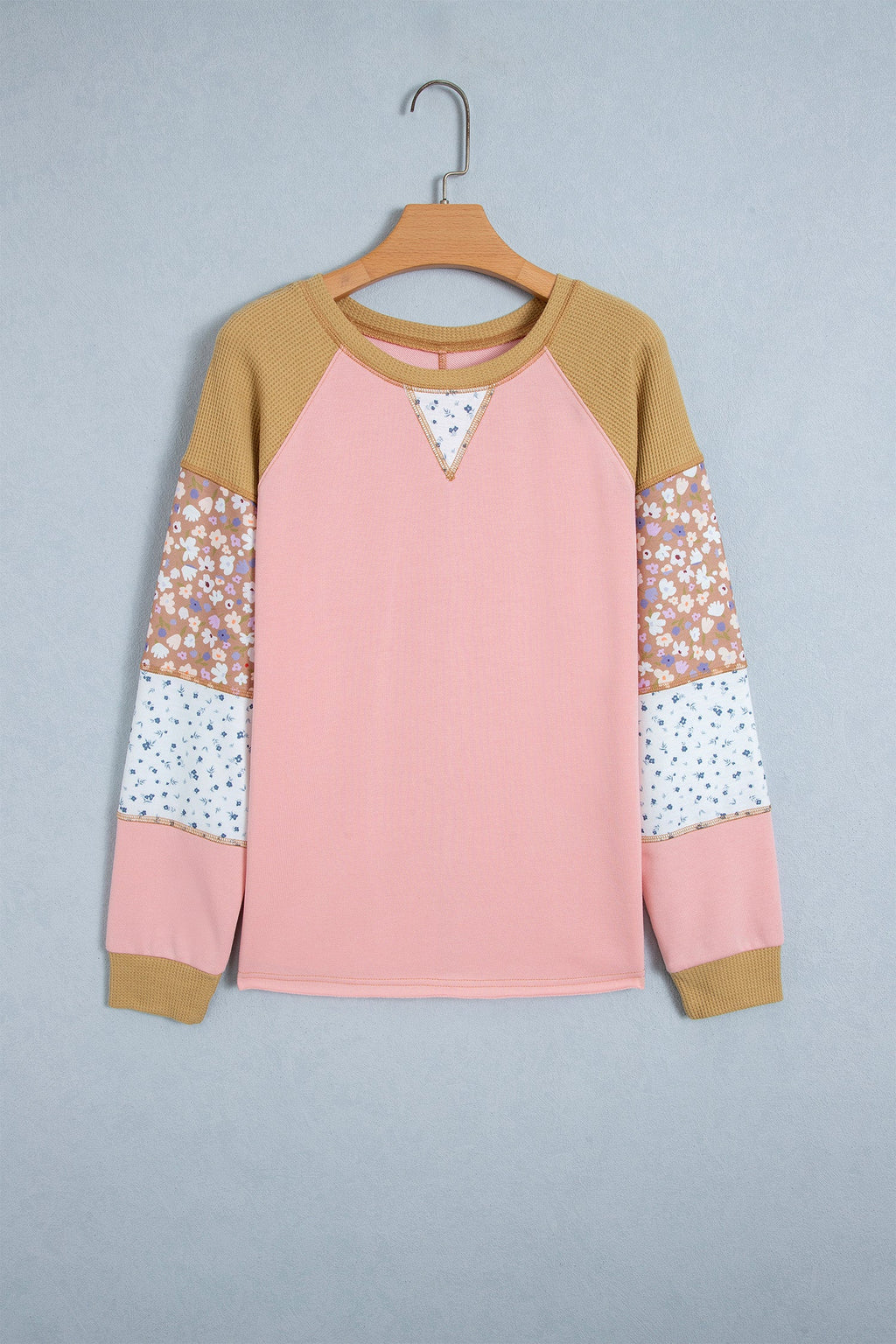 Apricot Pink Color Block Floral Waffle Mixed Patchwork Long Sleeve Top