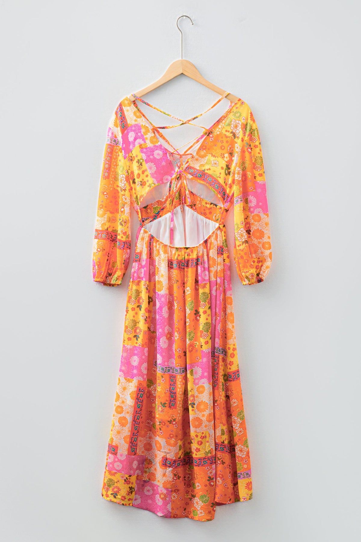 Floral Patchwork Cut-Out Tied Back Maxi Dress