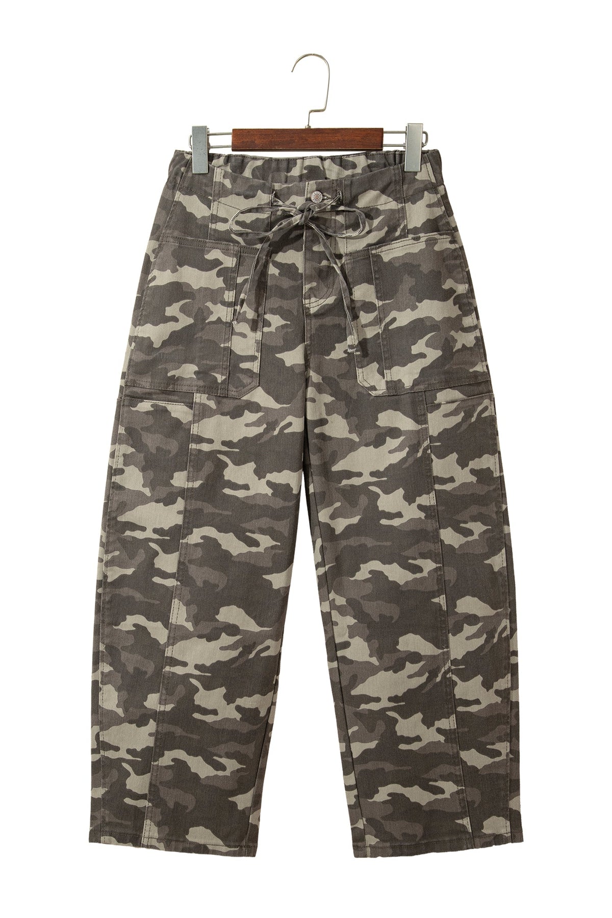 Green Leopard Printed Drawstring Elastic Waistband Pocketed Barrel Jeans