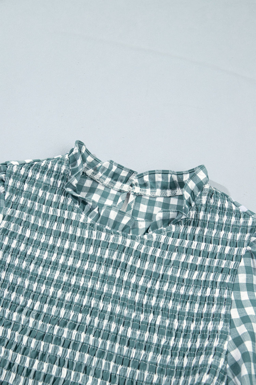 Gingham Shirred Long Sleeve Peplum Top