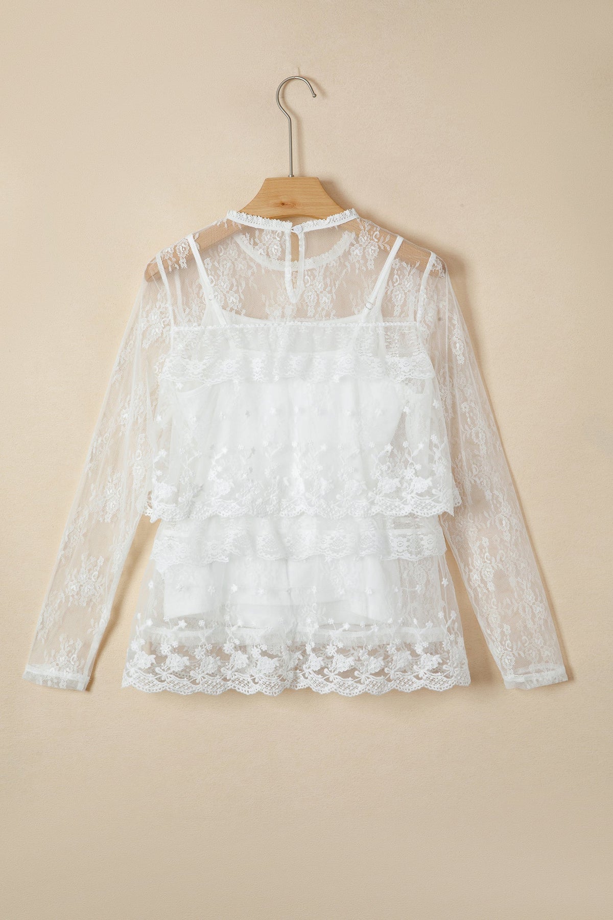 Sheer Floral Lace Ruffle Tiered Blouse & Cami