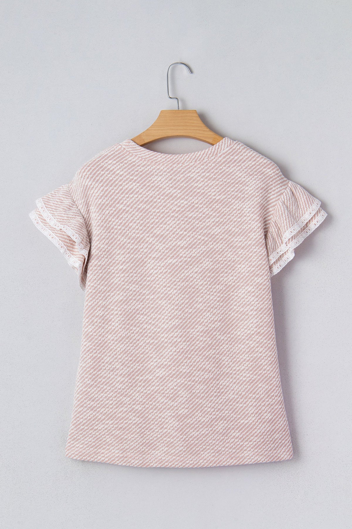 Stripe Twill Ruffle Lace Short Sleeve Blouse