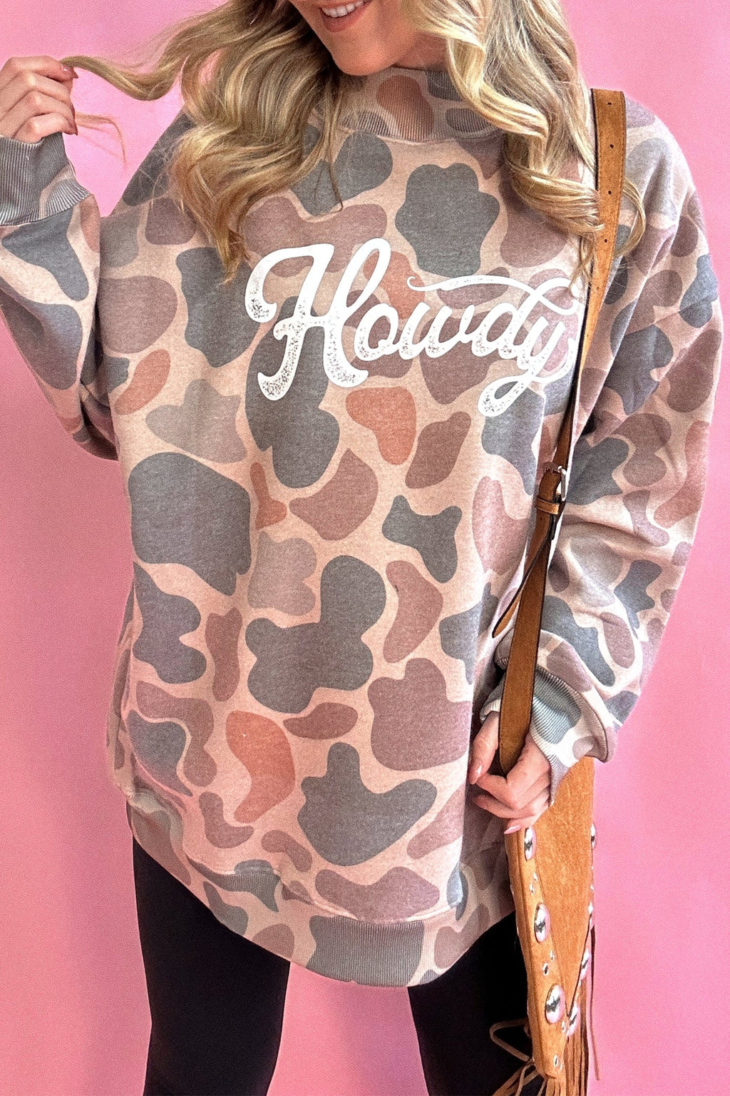 Multicolour Camo Print Howdy Western Style Baggy Pullover Sweatshirt