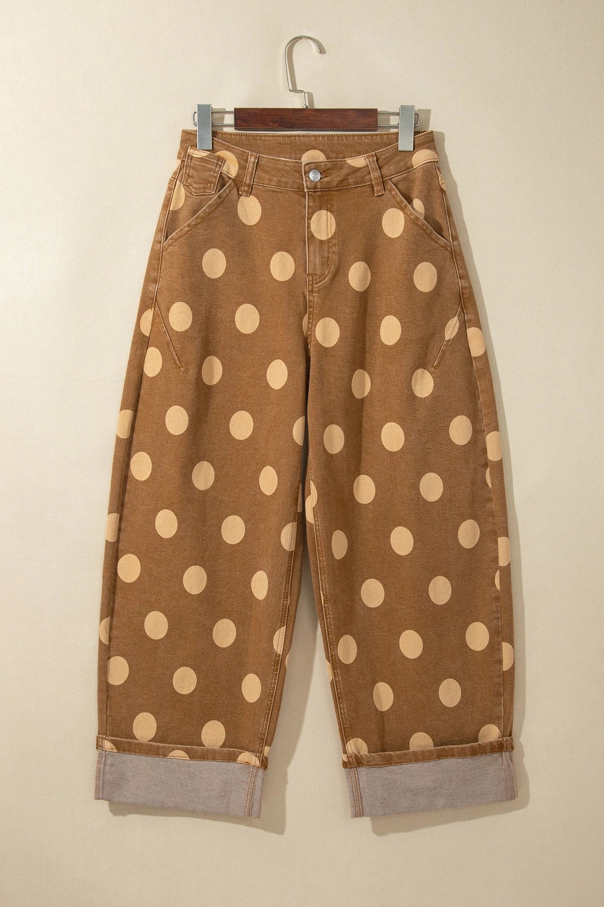 Polka Dot Denim Folded Hem High Waist Jeans