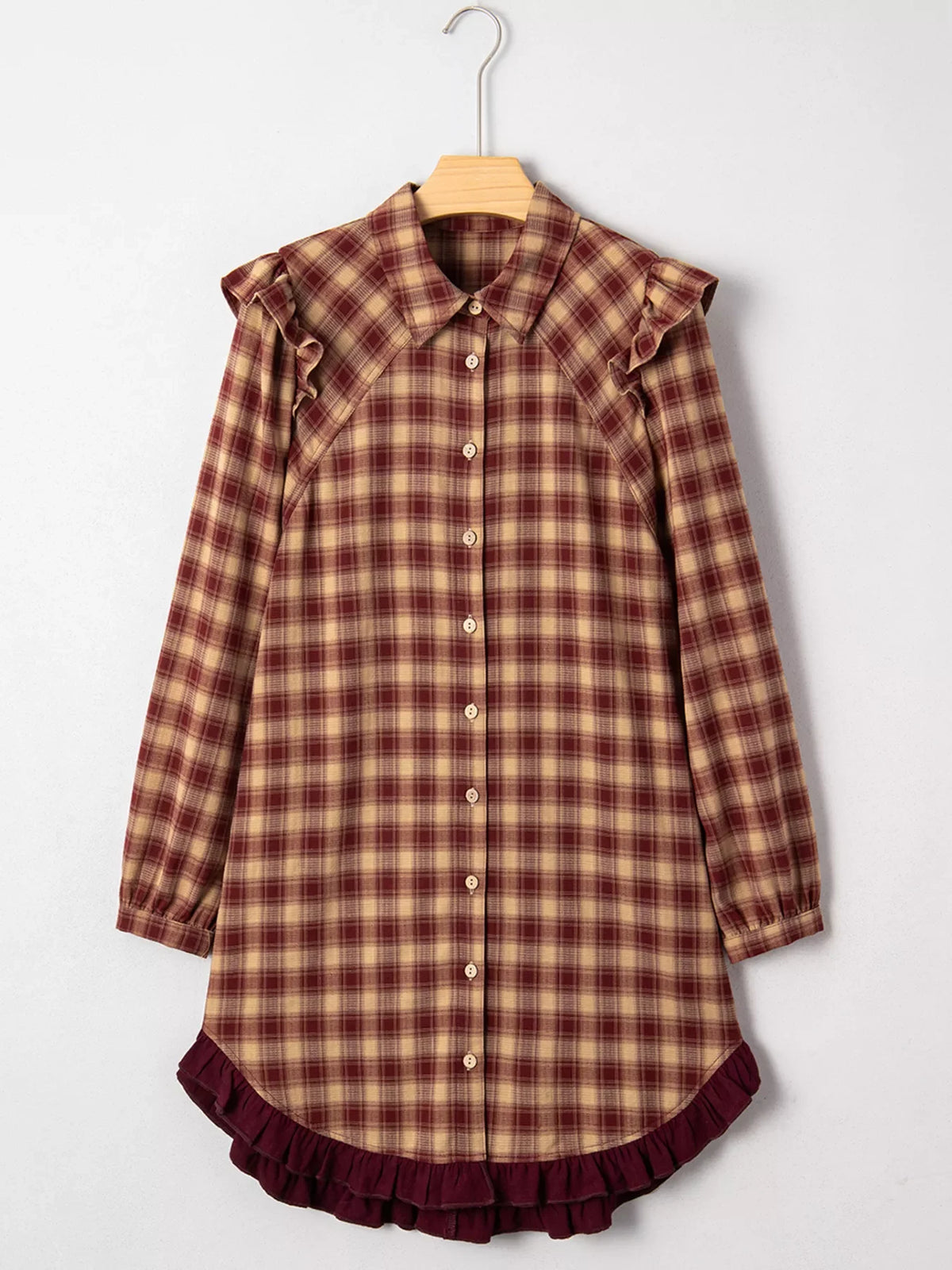 Plaid Print Ruffled Long Sleeve Patchwork Hem Mini Shirt Dress