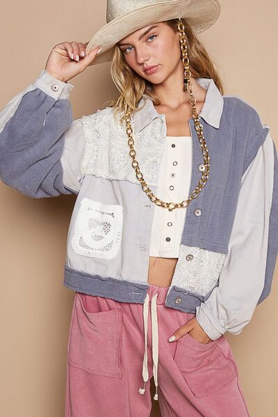 Classic Artistic Crochet Patch Exposed Seam Button Up Jacket Chic & Edgy Outerwear